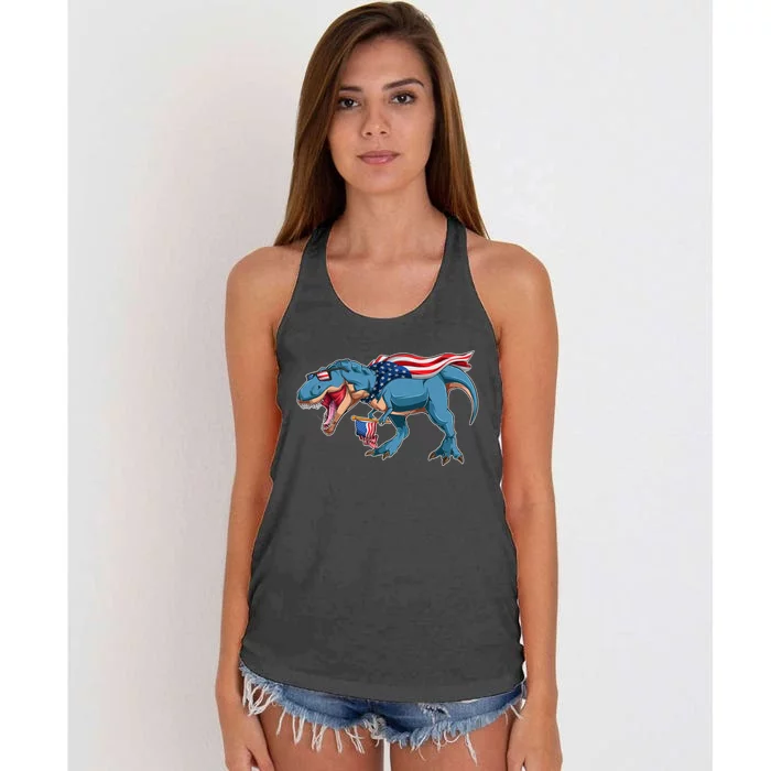 Fourth of July USA American T-Rex Women's Knotted Racerback Tank