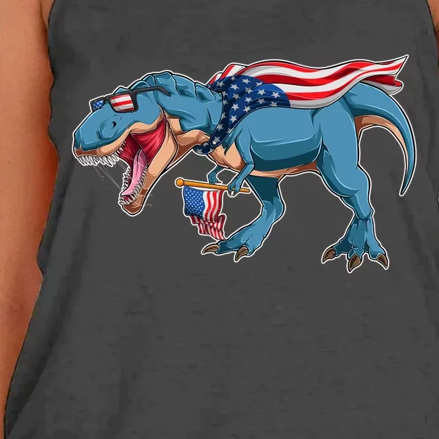 Fourth of July USA American T-Rex Women's Knotted Racerback Tank