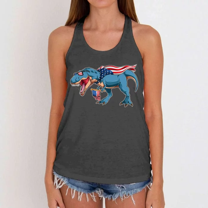 Fourth of July USA American T-Rex Women's Knotted Racerback Tank