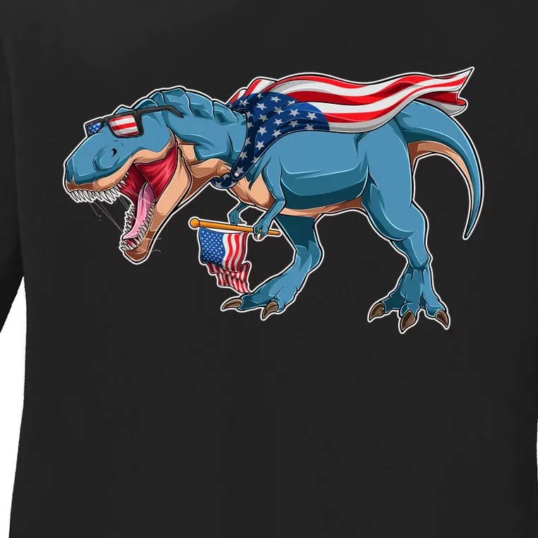 Fourth of July USA American T-Rex Ladies Long Sleeve Shirt