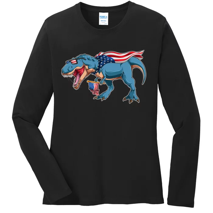 Fourth of July USA American T-Rex Ladies Long Sleeve Shirt