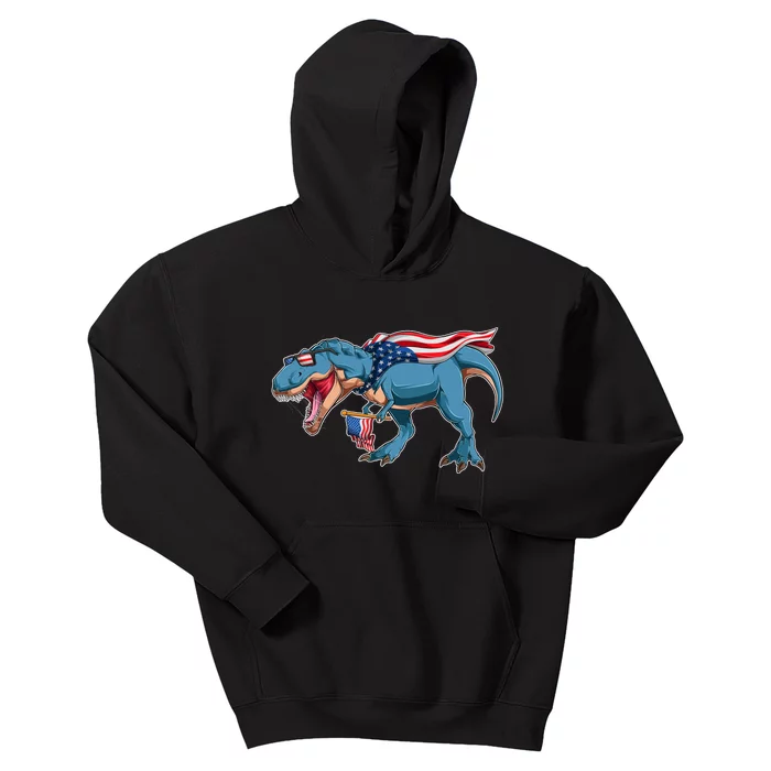 Fourth of July USA American T-Rex Kids Hoodie