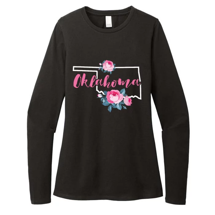 Floral Oklahoma Vintage Rose Pink Flower Us Map Home State Womens CVC Long Sleeve Shirt