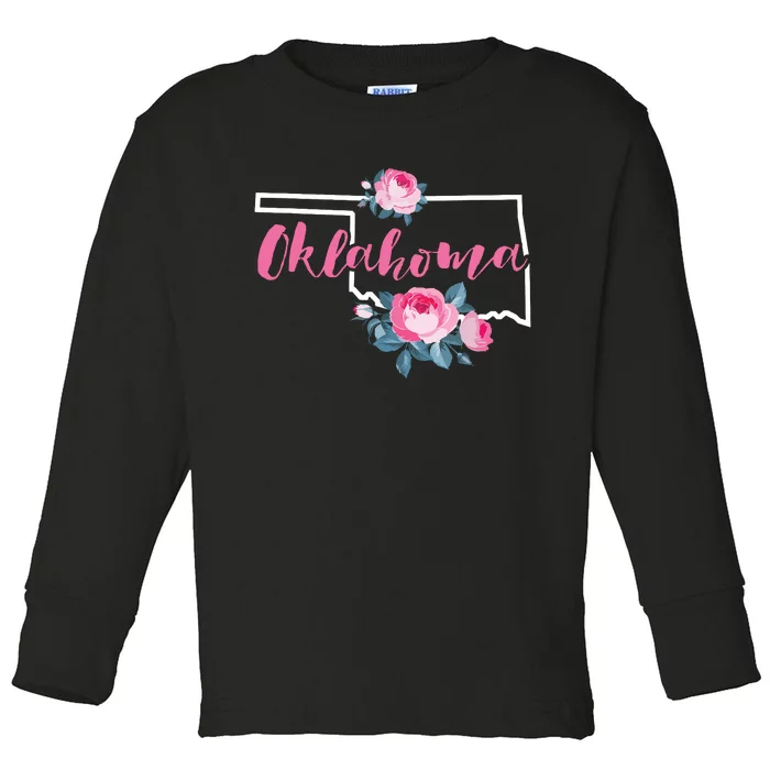 Floral Oklahoma Vintage Rose Pink Flower Us Map Home State Toddler Long Sleeve Shirt