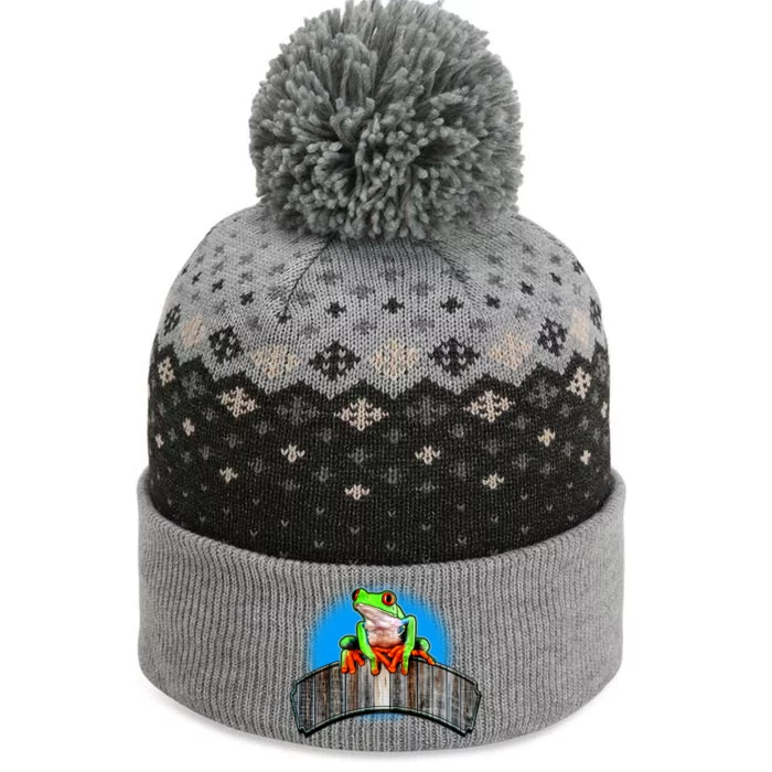 Frog On Wood Panel The Baniff Cuffed Pom Beanie