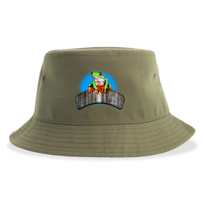 Frog On Wood Panel Sustainable Bucket Hat