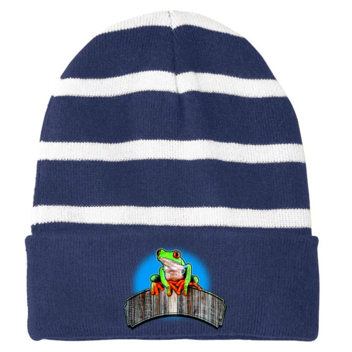 Frog On Wood Panel Striped Beanie with Solid Band