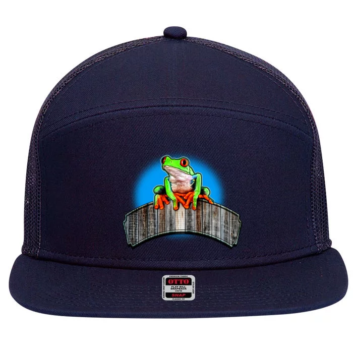 Frog On Wood Panel 7 Panel Mesh Trucker Snapback Hat