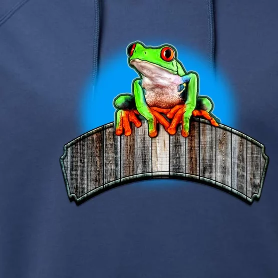 Frog On Wood Panel Performance Fleece Hoodie