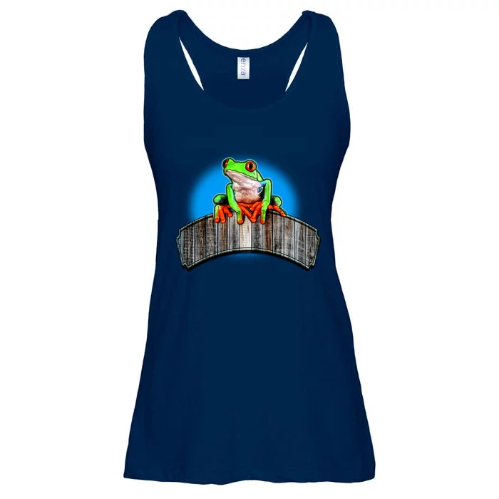 Frog On Wood Panel Ladies Essential Flowy Tank