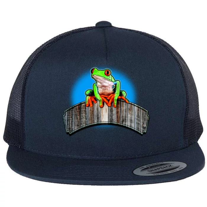 Frog On Wood Panel Flat Bill Trucker Hat