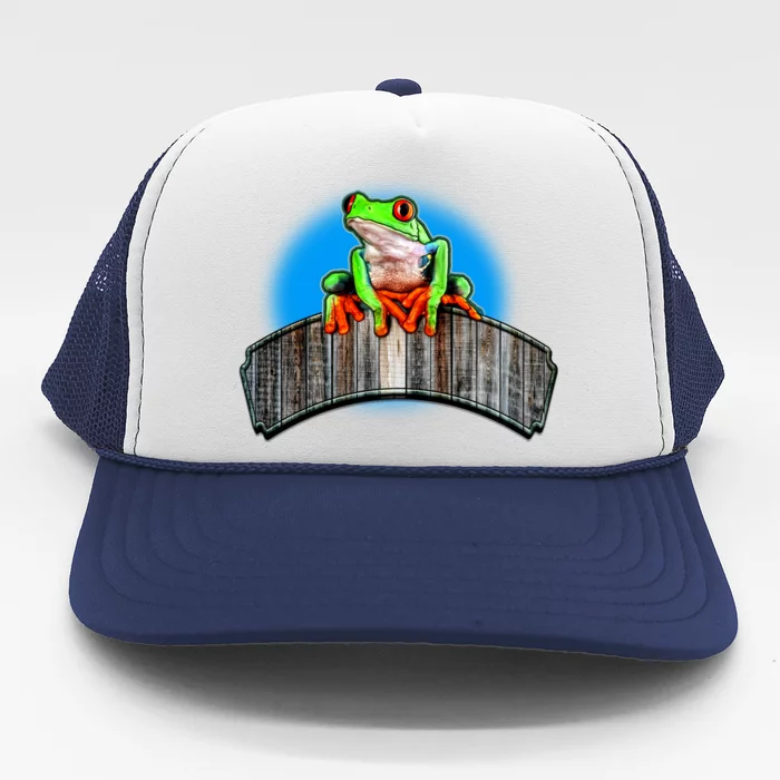 Frog On Wood Panel Trucker Hat