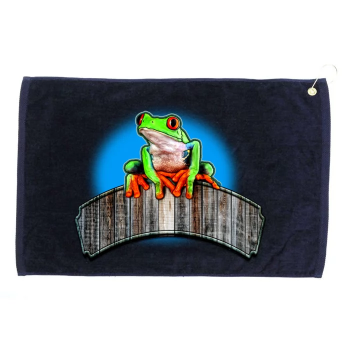 Frog On Wood Panel Grommeted Golf Towel