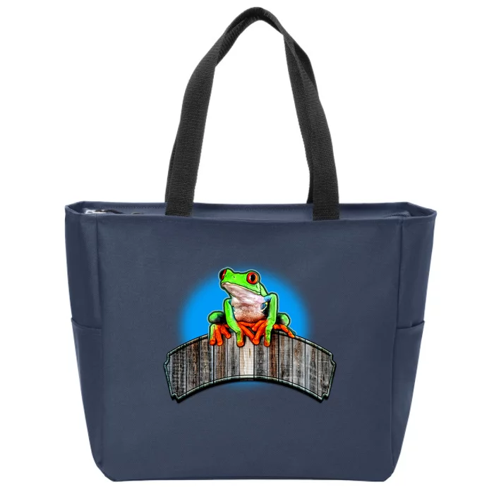 Frog On Wood Panel Zip Tote Bag