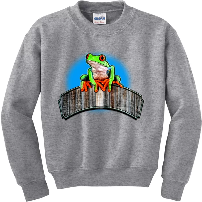 Frog On Wood Panel Kids Sweatshirt