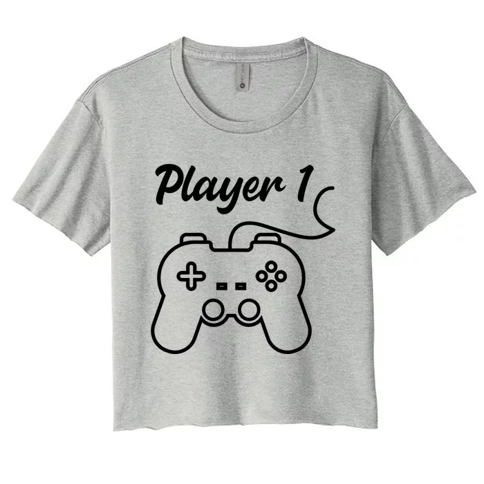 Funny Player 1 Player 2 Matching Gamer Couple Him Her Funny Gift Women's Crop Top Tee