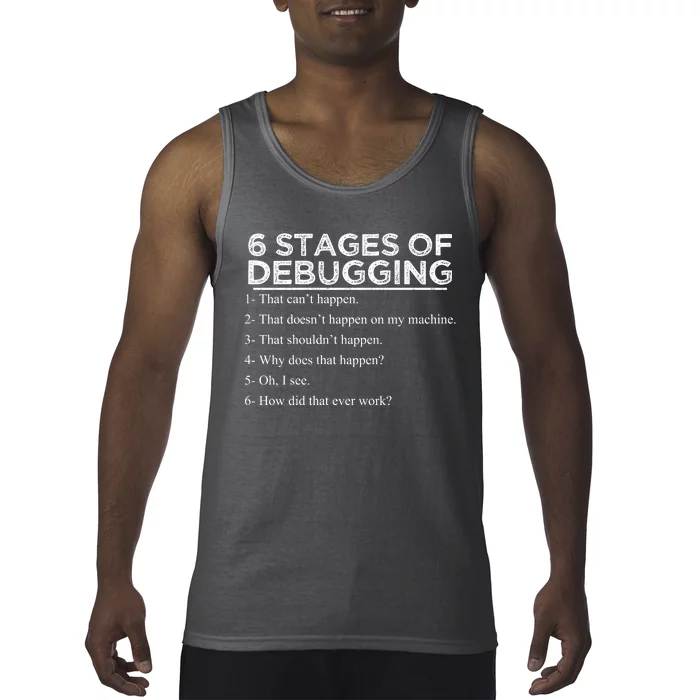 Funny Programmer 6 Stages Of Debugging Tank Top