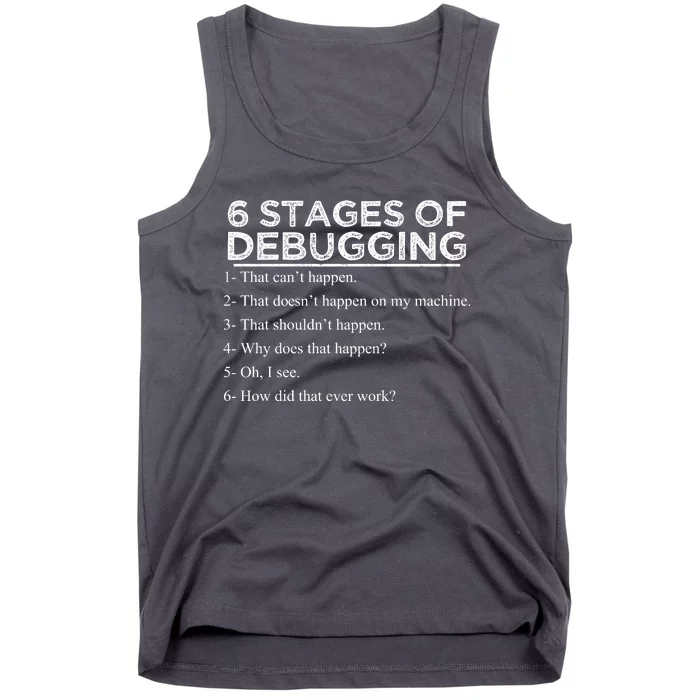 Funny Programmer 6 Stages Of Debugging Tank Top