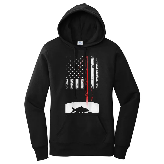 Fishing Pole American Flag Gift For Patriotic Fisherman Women's Pullover Hoodie