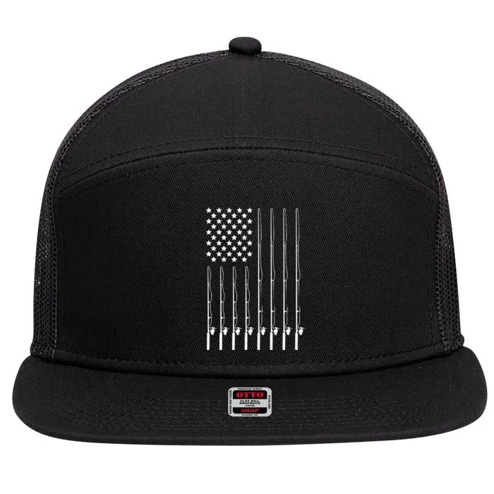 Fishing Pole American Flag Patriotic Outdoorsman 7 Panel Mesh Trucker Snapback Hat