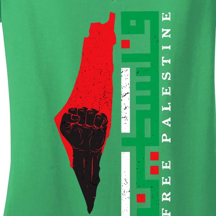 Free Palestine Arabic Support Palestine And Gaza Jerusalem Women's V-Neck T-Shirt