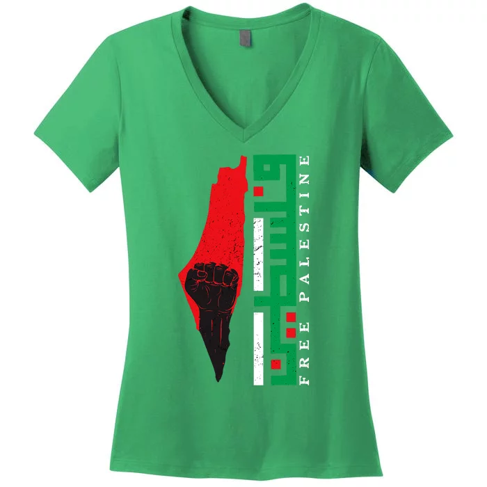 Free Palestine Arabic Support Palestine And Gaza Jerusalem Women's V-Neck T-Shirt