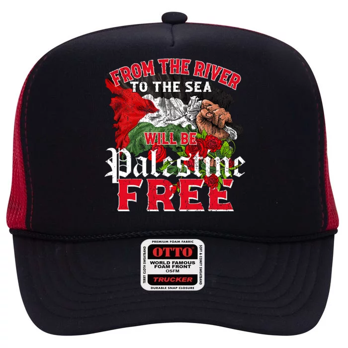 Free Palestine Arabic Support Palestine And Keffiyeh Palesti High Crown Mesh Trucker Hat