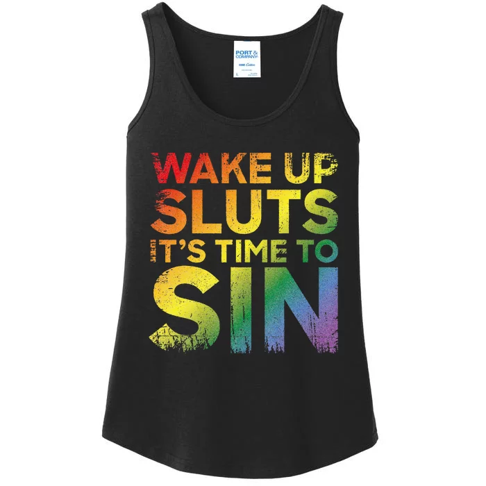 Funny Pride Adult Wake Up Sluts Its Time To Sin Lgbtq Ladies Essential Tank