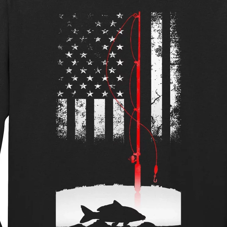 Fishing Pole American Flag Gift For Patriotic Fisherman Tall Long Sleeve T-Shirt