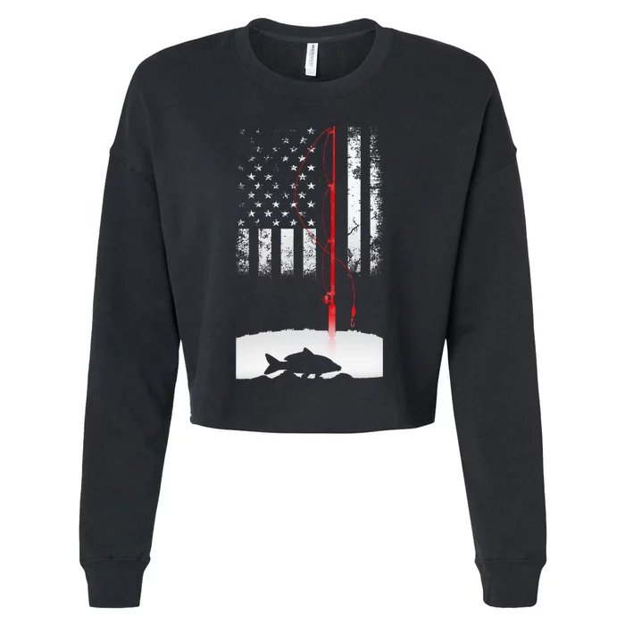 Fishing Pole American Flag Gift For Patriotic Fisherman Cropped Pullover Crew