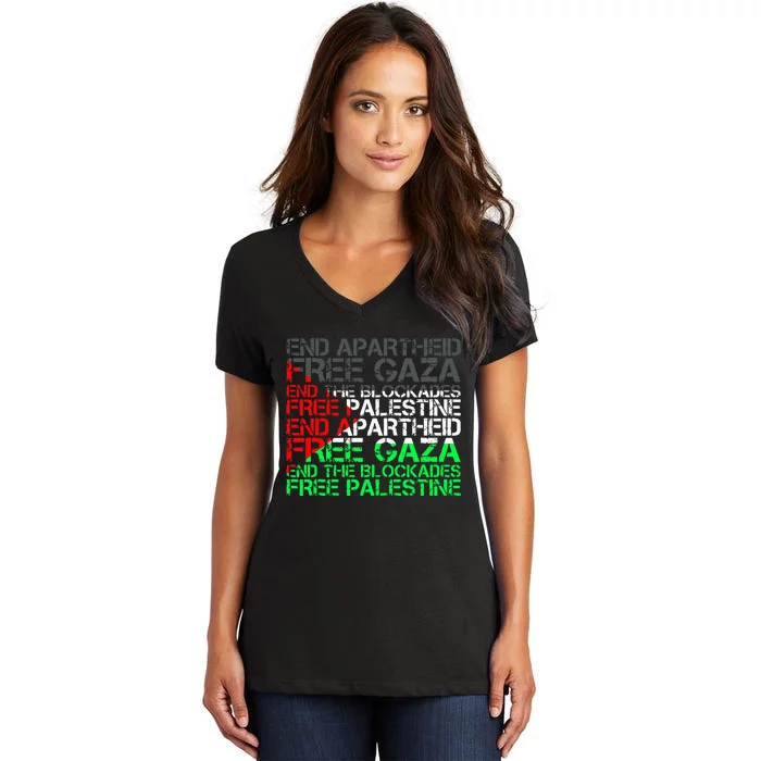 Free Palestine Arabic Palestine Gaza Jerusalem Support Flag Women's V-Neck T-Shirt