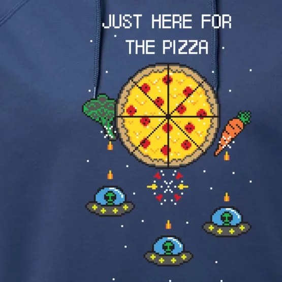 Funny Pixel Arcade Game Alien Just Here For The Pizza Cute Gift Performance Fleece Hoodie