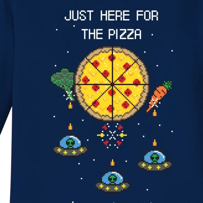 Funny Pixel Arcade Game Alien Just Here For The Pizza Cute Gift Baby Long Sleeve Bodysuit