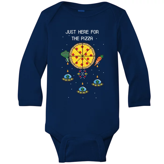 Funny Pixel Arcade Game Alien Just Here For The Pizza Cute Gift Baby Long Sleeve Bodysuit