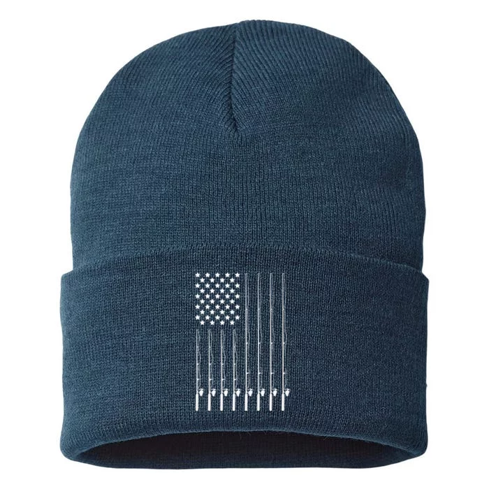 Fishing Pole American Flag Patriotic Outdoorsman Sustainable Knit Beanie