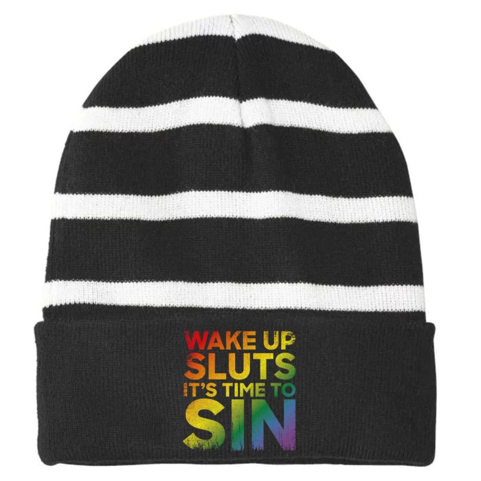 Funny Pride Adult Wake Up Sluts ItS Time To Sin Lgbtq Striped Beanie with Solid Band