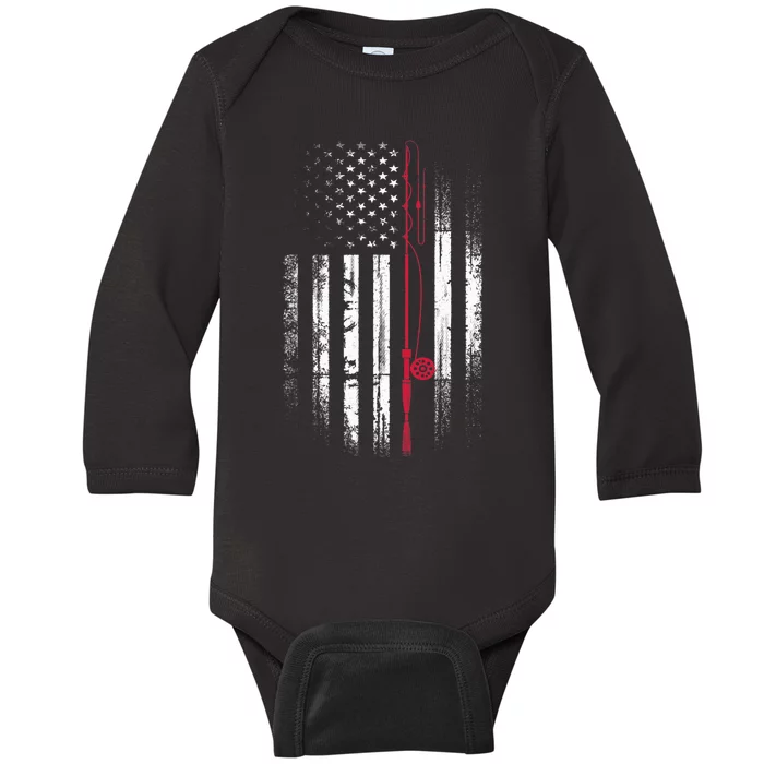 Fishing Pole American Flag Patriotic Outdoorsman Baby Long Sleeve Bodysuit