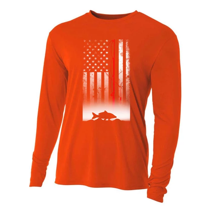 Fishing Pole American Flag Gift For Patriotic Fisher Funny Gift Cooling Performance Long Sleeve Crew