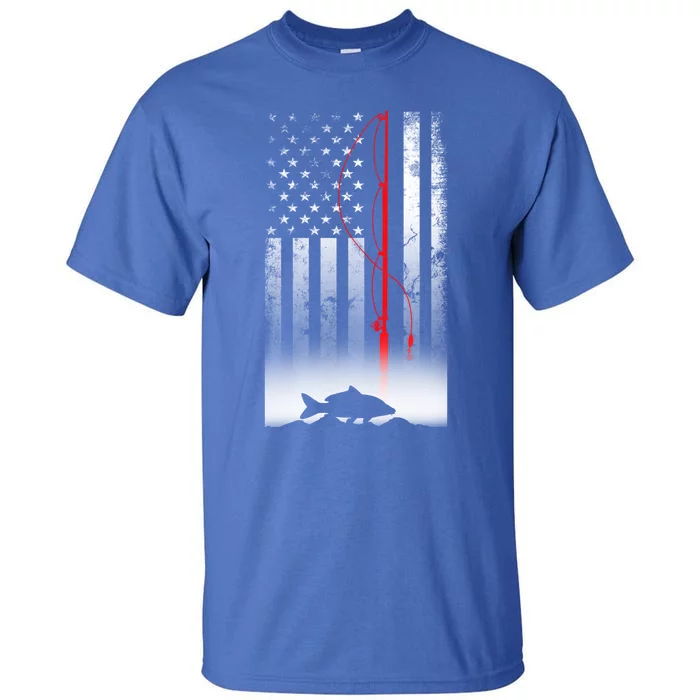 Fishing Pole American Flag Gift For Patriotic Fisher Funny Gift Tall T-Shirt