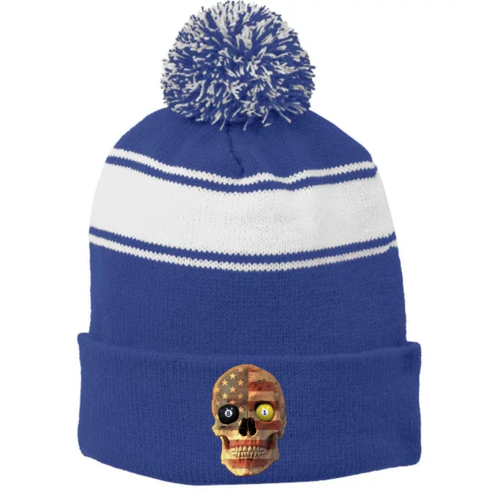 Funny Pool Billiard Snooker Design Skull With Us Flag Gift Stripe Pom Pom Beanie