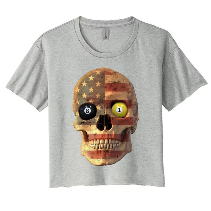 Funny Pool Billiard Snooker Design Skull With Us Flag Gift Women's Crop Top Tee