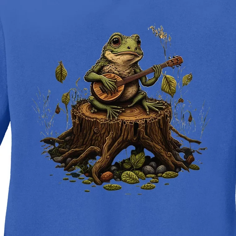 Frog Playing Banjo On Log Ladies Long Sleeve Shirt