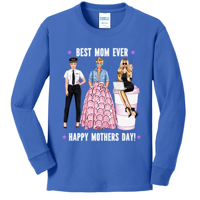 Female Pilot Best Mom Ever Mommy Mothers Day Aeroplane Flys Cute Gift Kids Long Sleeve Shirt