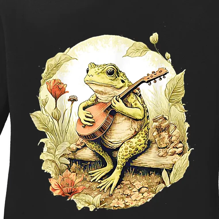 Frog Playing Banjo On Log Ladies Long Sleeve Shirt