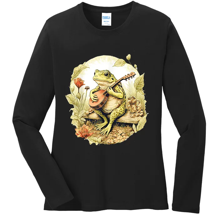 Frog Playing Banjo On Log Ladies Long Sleeve Shirt