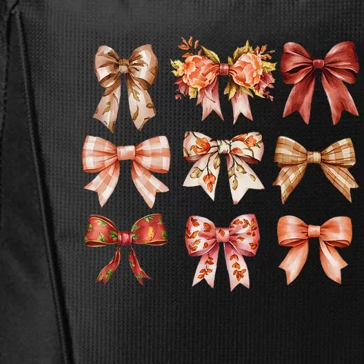 Fall Pumpkin Bow Coquette Autumn Leaves Thanksgiving City Backpack