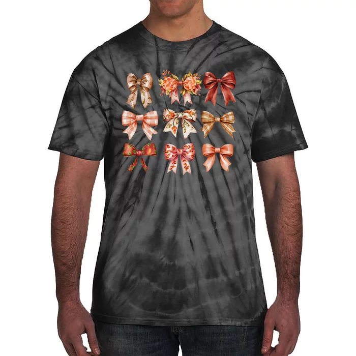 Fall Pumpkin Bow Coquette Autumn Leaves Thanksgiving Tie-Dye T-Shirt