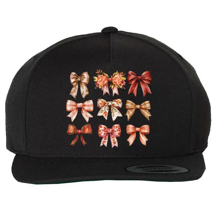 Fall Pumpkin Bow Coquette Autumn Leaves Thanksgiving Wool Snapback Cap