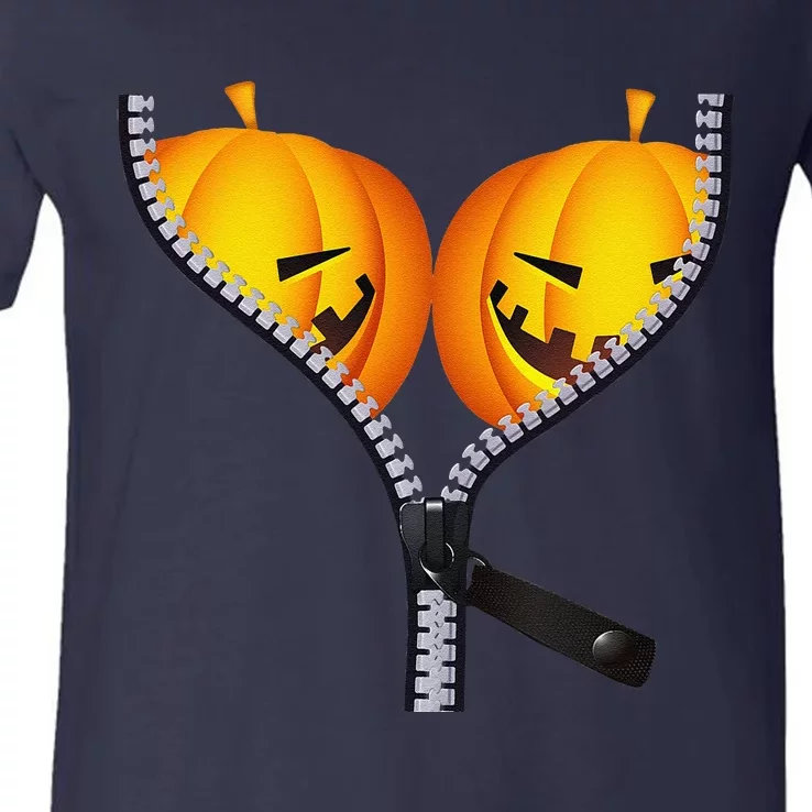 Funny Pumpkin BOObs Women Halloween Jack O Lantern Costume V-Neck T-Shirt