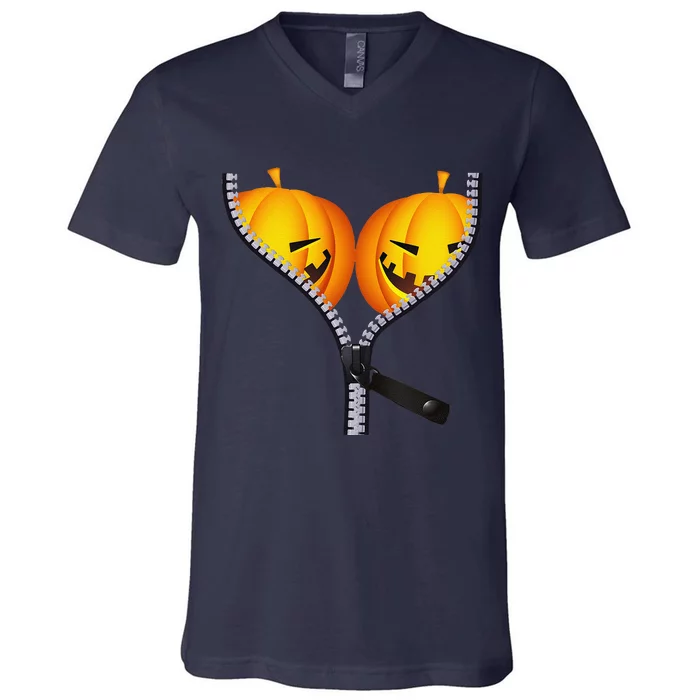 Funny Pumpkin BOObs Women Halloween Jack O Lantern Costume V-Neck T-Shirt